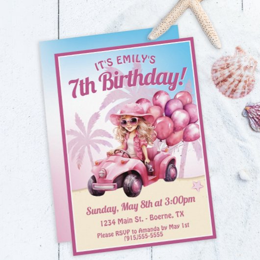 Invitation Plage rose convertible Anniversaire