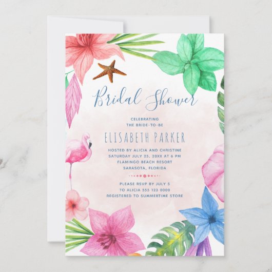 Invitation Plage rose tropicale douche nuptiale (Devant)