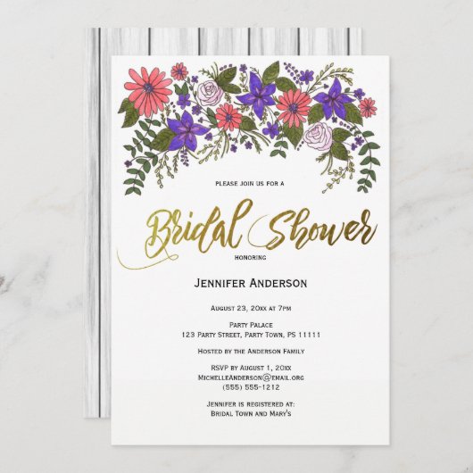 Invitation Plage rustique Bois Fête des mariées Florale (Devant / Derrière)