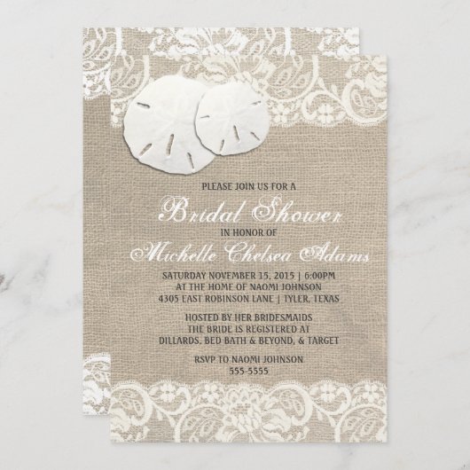 Invitation Plage Rustique Burlap Fête des mariées dentelle In (Devant / Derrière)
