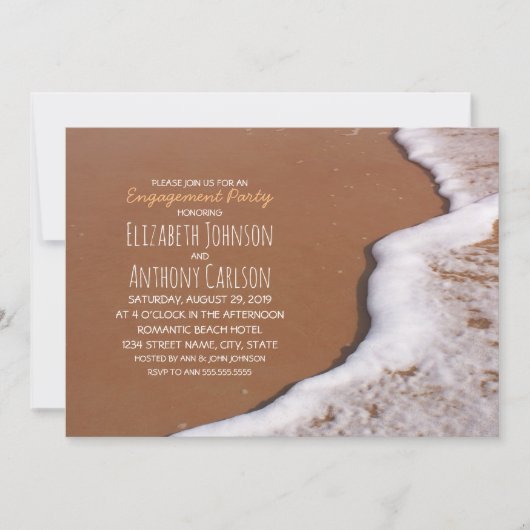 Invitation Plage Sable Mer Mousse Romantique Partie d'engagem (Devant)