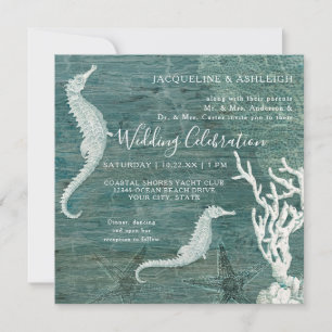 Invitation Plage Seahorse Coral Turquoise Bleu Blanc Bois rus