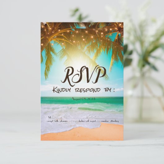 Invitation Plage, Soleil, Palme, Éclairage à cordes RSVP (Debout devant)