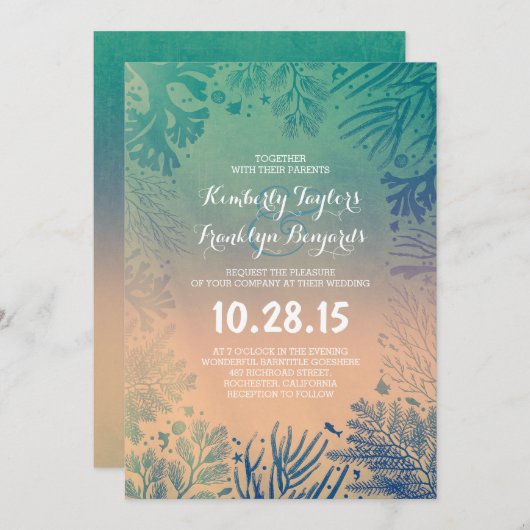Invitation Plage sous-marine Ocean Blue Corals Mariage (Devant / Derrière)