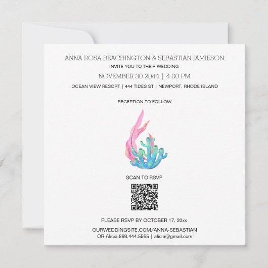 Invitation *~* Plage sous mer AR7 QR RSVP MARIAGE PHOTO (Dos)