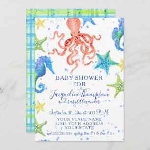 Invitation Plage Starfish Octopus Seahorse Boy Baby shower