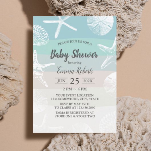 Invitation Plage Starfish & Seashells Baby shower élégant