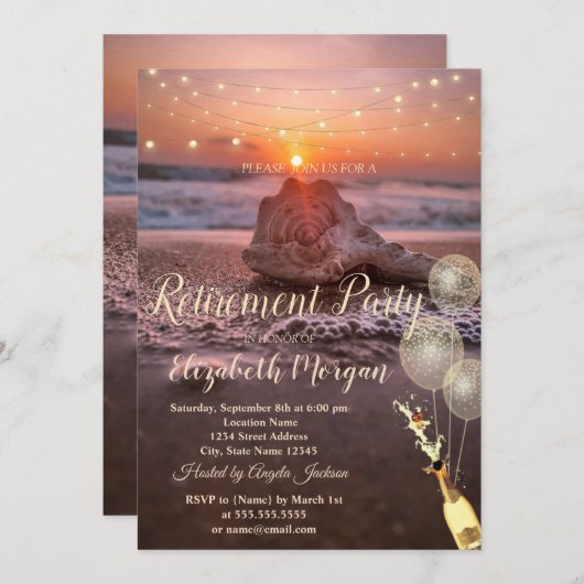 Invitation Plage Sunet Seashell Balloons, Retrait de vin (Devant / Derrière)
