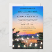 Invitation Plage Sunset String Lights Photo QR Code Mariage (Devant)