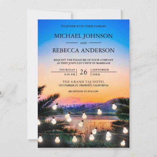 Invitation Plage Sunset String Lights Photo QR Code Mariage (Devant)