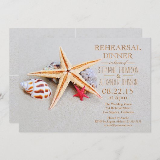 Invitation Plage Thème Starfish Seashell Dîner de répétition (Devant / Derrière)