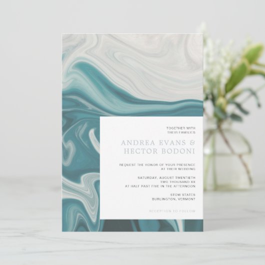 Invitation Plage Tropical moderne Dusty Blue & Grey Mariage (Debout devant)