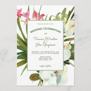 Invitation Plage Tropical Rose Floral Blanc Orchidées Verdure