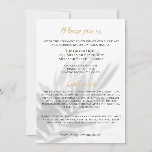 Invitation Plage Tropical Tout En Un Palmiers Ombres Mariage  (Dos)