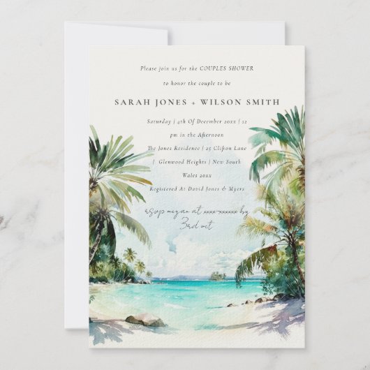 Invitation Plage tropicale Aquarelle Palm Arbre Couples Douch (Devant)