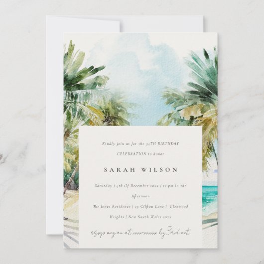 Invitation Plage tropicale aquarelle Palm Tree Anniversaire (Devant)