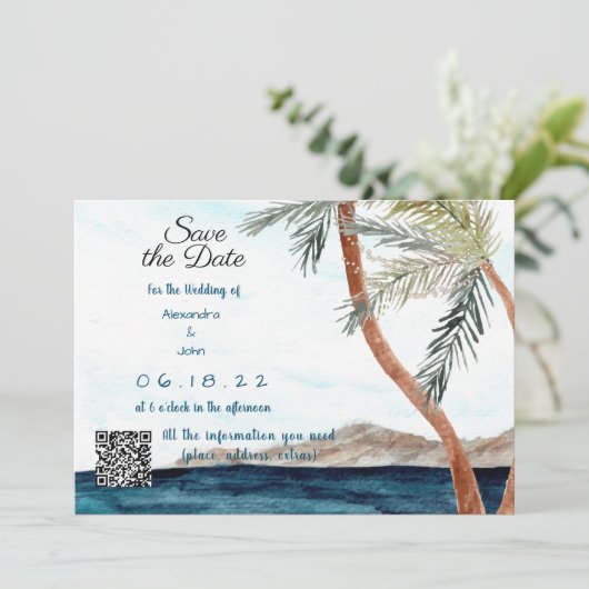 Invitation Plage Tropicale avec Lumières Enregistrer la Date (Debout devant)