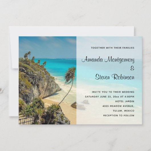 Invitation Plage tropicale avec Mariage d'arbres balayés par  (Devant)