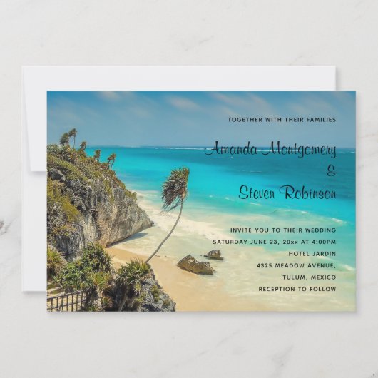 Invitation Plage tropicale avec Mariage de palmiers balayés p (Devant)