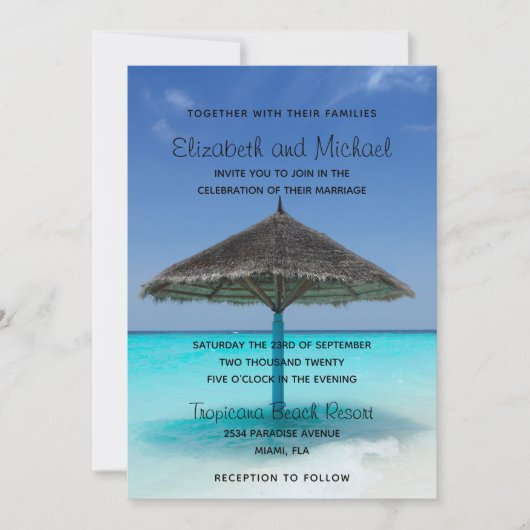 Invitation Plage tropicale avec Mariage parapluie en chaume (Devant)