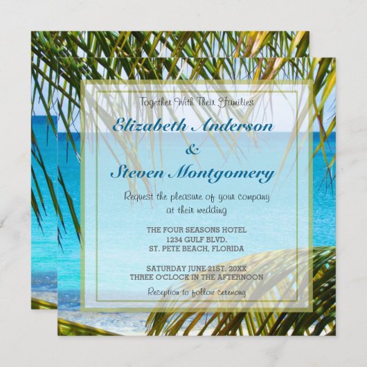Invitation Plage tropicale avec Palm Fronds Site Mariage (Devant / Derrière)