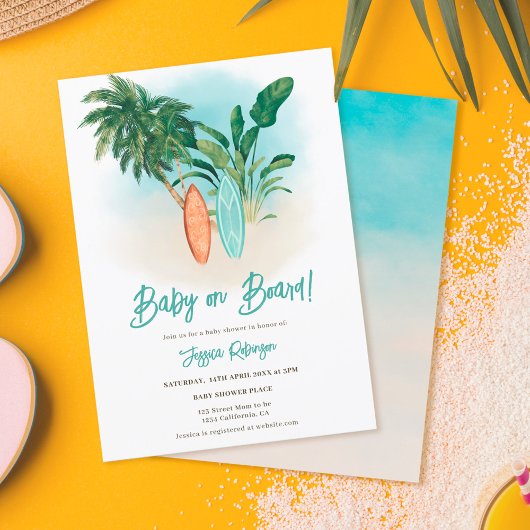 Invitation Plage tropicale Bébé à bord baby shower de surf
