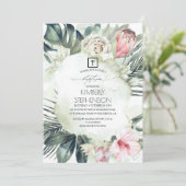 Invitation Plage tropicale Blush Fleurs roses Baptême (Debout devant)