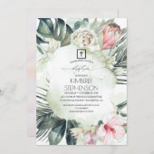 Invitation Plage tropicale Blush Fleurs roses Baptême (Devant / Derrière)