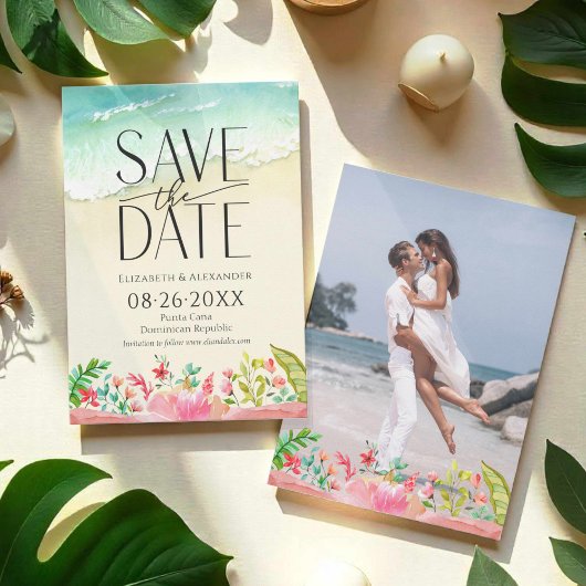 Invitation Plage tropicale Calligraphie florale Enregistrer l