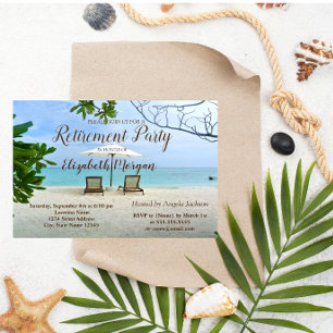 Invitation Plage tropicale, chaises fête de retraite