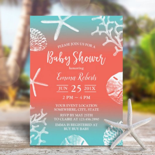 Invitation Plage tropicale Coral Reef Turquoise & Baby shower