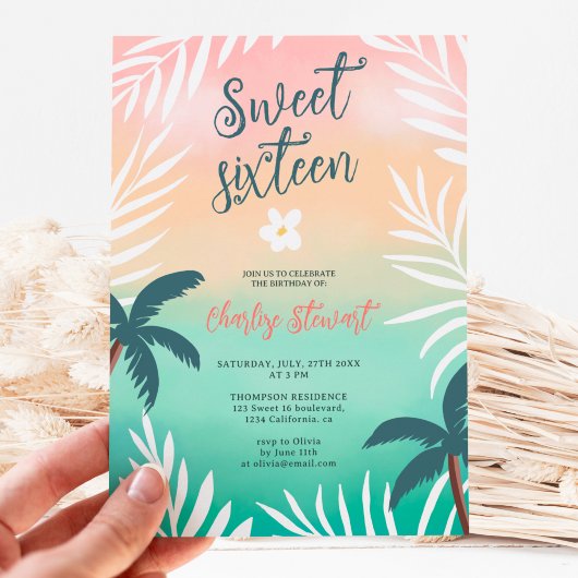 Invitation Plage tropicale coucher de soleil palmier Sweet 16