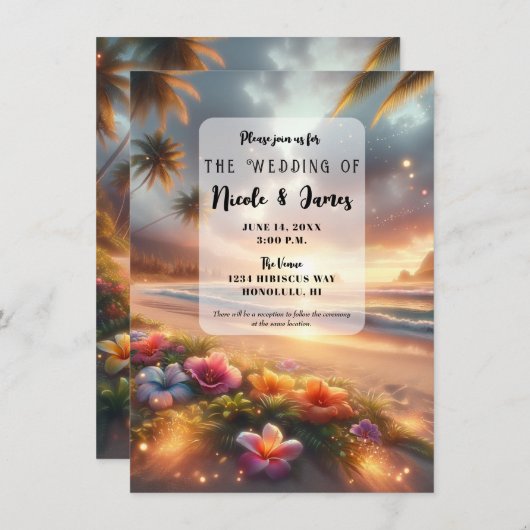 Invitation Plage tropicale enchantée Magique Hibiscus Mariage (Devant / Derrière)