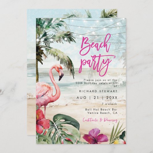 Invitation plage tropicale flamingo (Devant / Derrière)