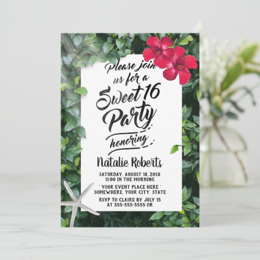 Invitation Plage tropicale Fleur & Starfish Sweet 16 Annivers (Debout devant)