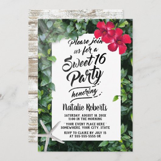 Invitation Plage tropicale Fleur & Starfish Sweet 16 Annivers (Devant / Derrière)