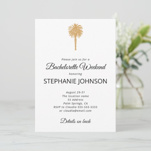 Invitation Plage Tropicale Gold Palm Destination Bachelorette (Debout devant)
