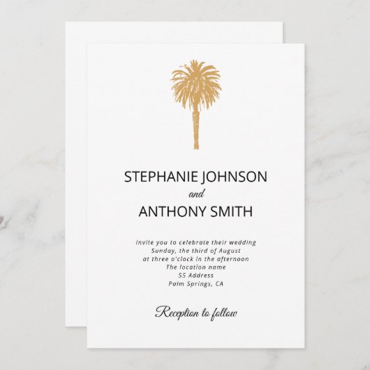 Invitation Plage tropicale Gold Palm Tree Destination Mariage (Devant / Derrière)