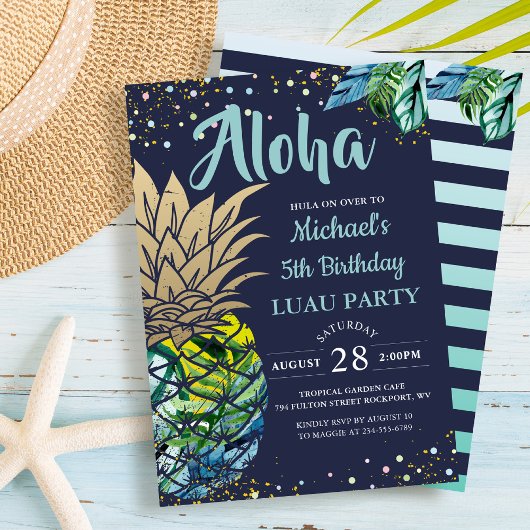 Invitation Plage tropicale Luau Anniversaire bleu marine