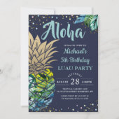 Invitation Plage tropicale Luau Anniversaire bleu marine (Devant)