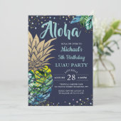 Invitation Plage tropicale Luau Anniversaire bleu marine (Debout devant)