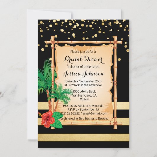 Invitation Plage tropicale Luau Fête des mariées d'or noir (Devant)