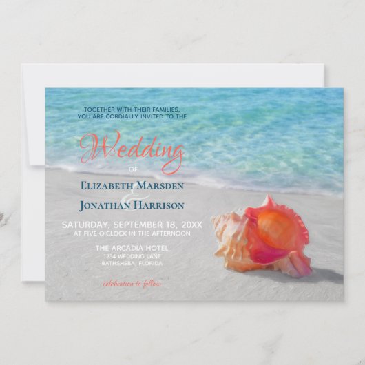 Invitation Plage tropicale Mariage Coral Seashell Moderne (Devant)
