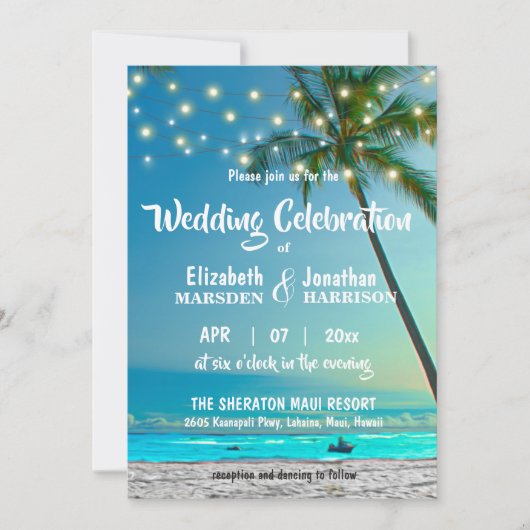 Invitation Plage tropicale Mariage Palms Chaîne Lumières Mode (Devant)