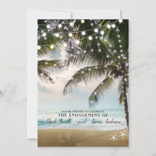 Invitation Plage tropicale Océan Palm Trees Lumières Fiançail (Devant)