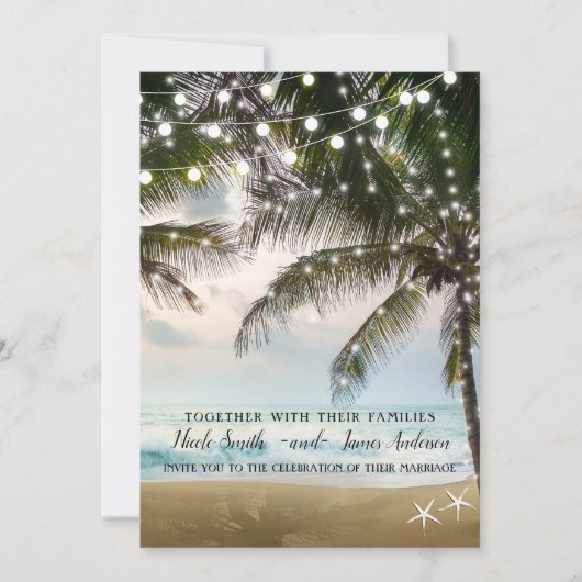 Invitation Plage tropicale Océan Palm Trees & Lumières Mariag (Devant)