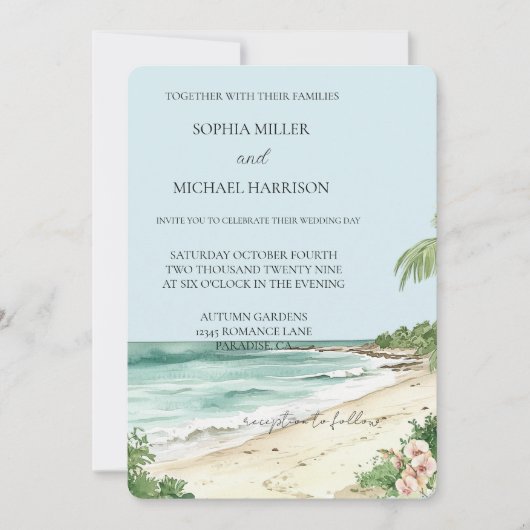 Invitation Plage tropicale Orchidée rose Mariage floral (Devant)