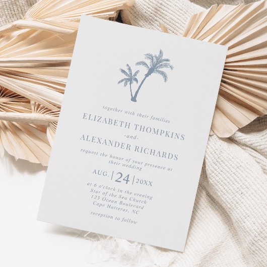Invitation Plage tropicale Palm Tree Dusty Blue Mariage