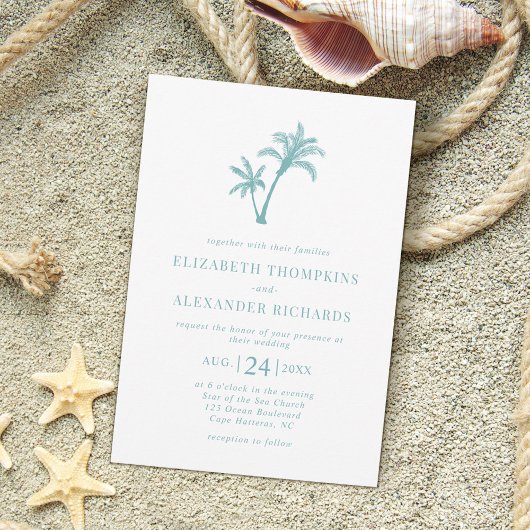 Invitation Plage tropicale Palm Tree Mariage bleu verre de me