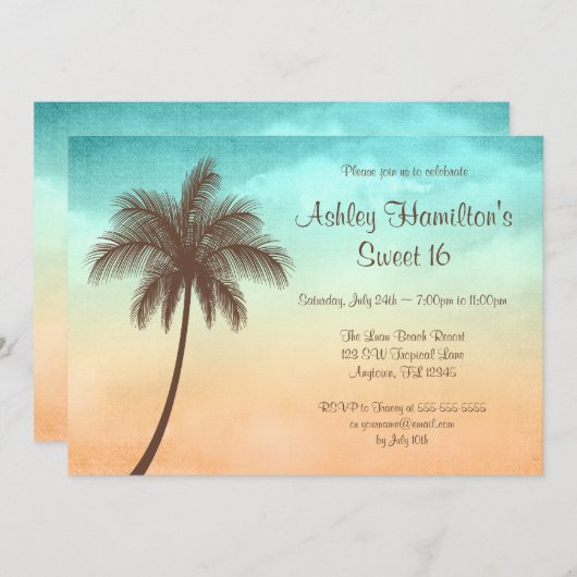 Invitation Plage tropicale Palm Tree Sweet 16 (Devant / Derrière)
